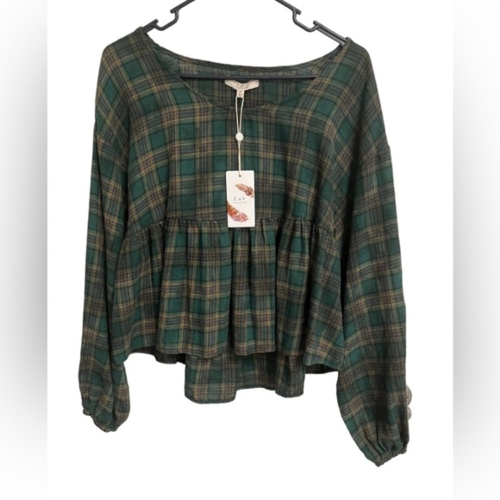Chelsea & Violet Boxy Crop Top Olive Green Plaid Long Sleeve Medium  NWT